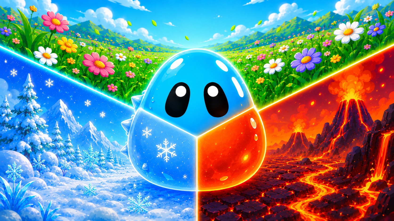 A Slimebloom slime surrounded by blooming meadow, icy mountain, and volcanic worlds
